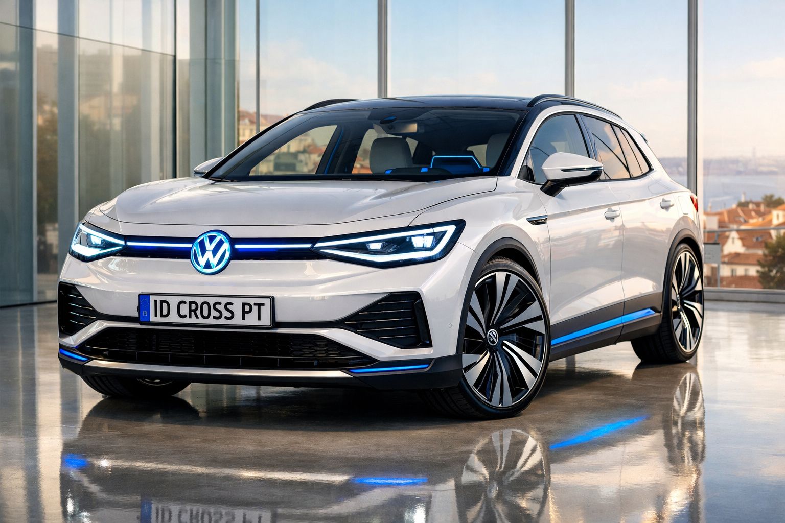 Carro elétrico Volkswagen ID. Cross PT branco, moderno, com luzes azuis e rodas de liga leve, estacionado em interior espaços