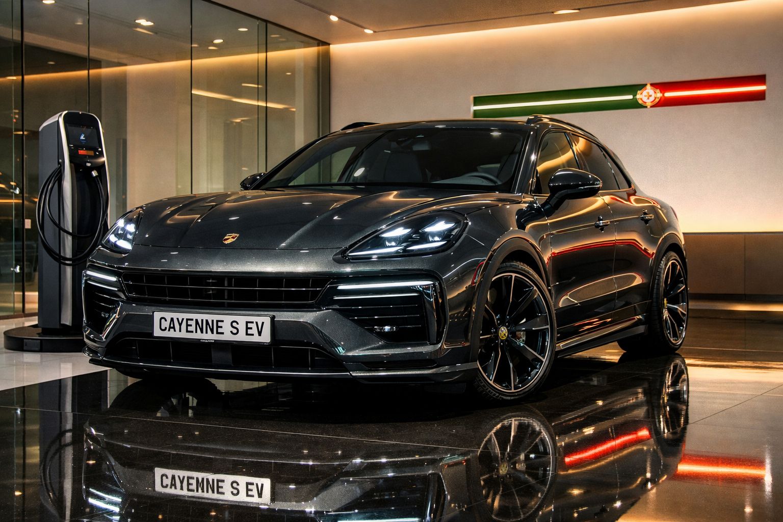SUV desportivo Porsche Cayenne S EV cinza escuro em carregador elétrico numa garagem moderna.