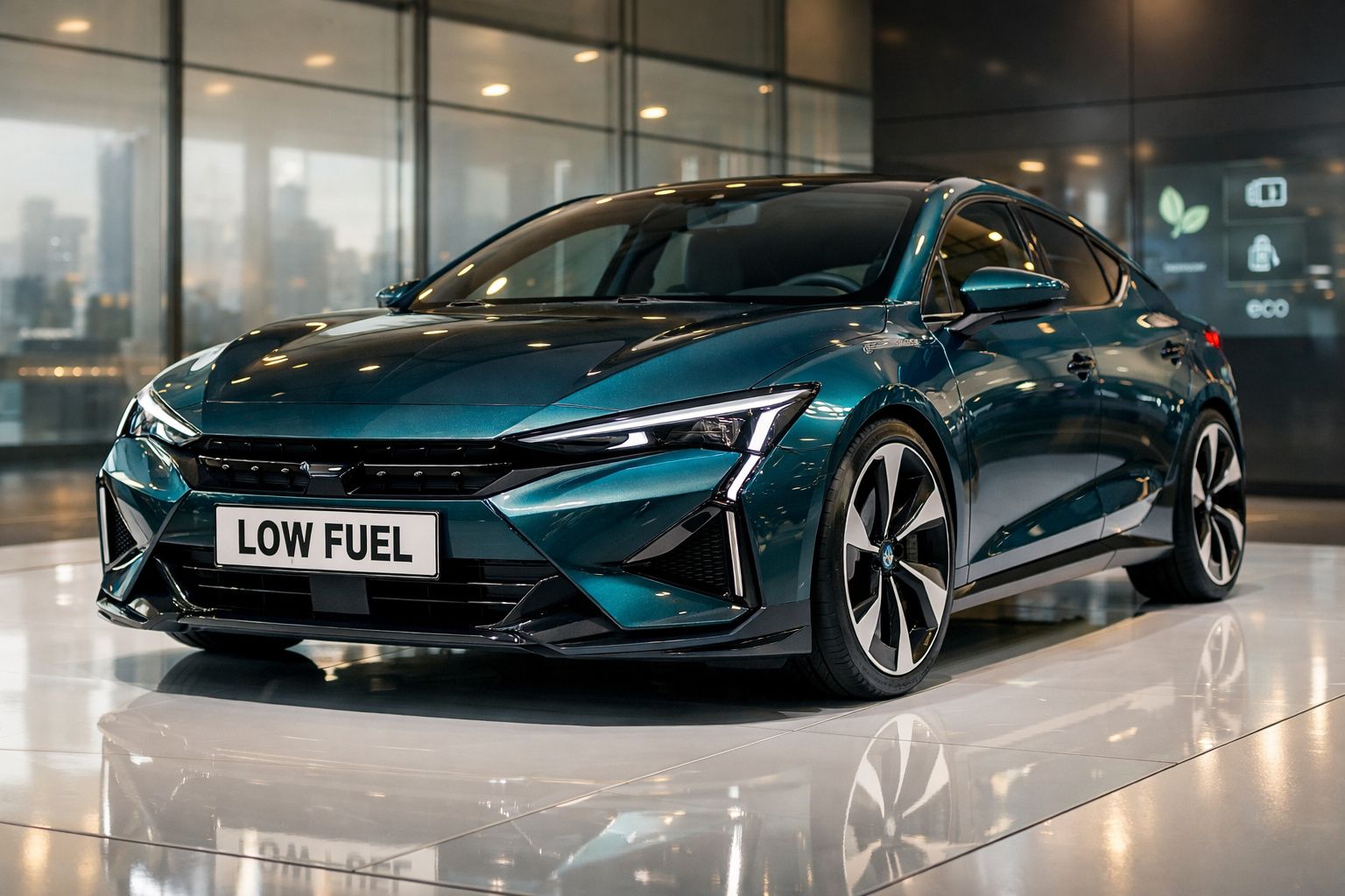 Carro elétrico moderno azul com matrícula "LOW FUEL" em ambiente interior sofisticado com reflexos no chão.