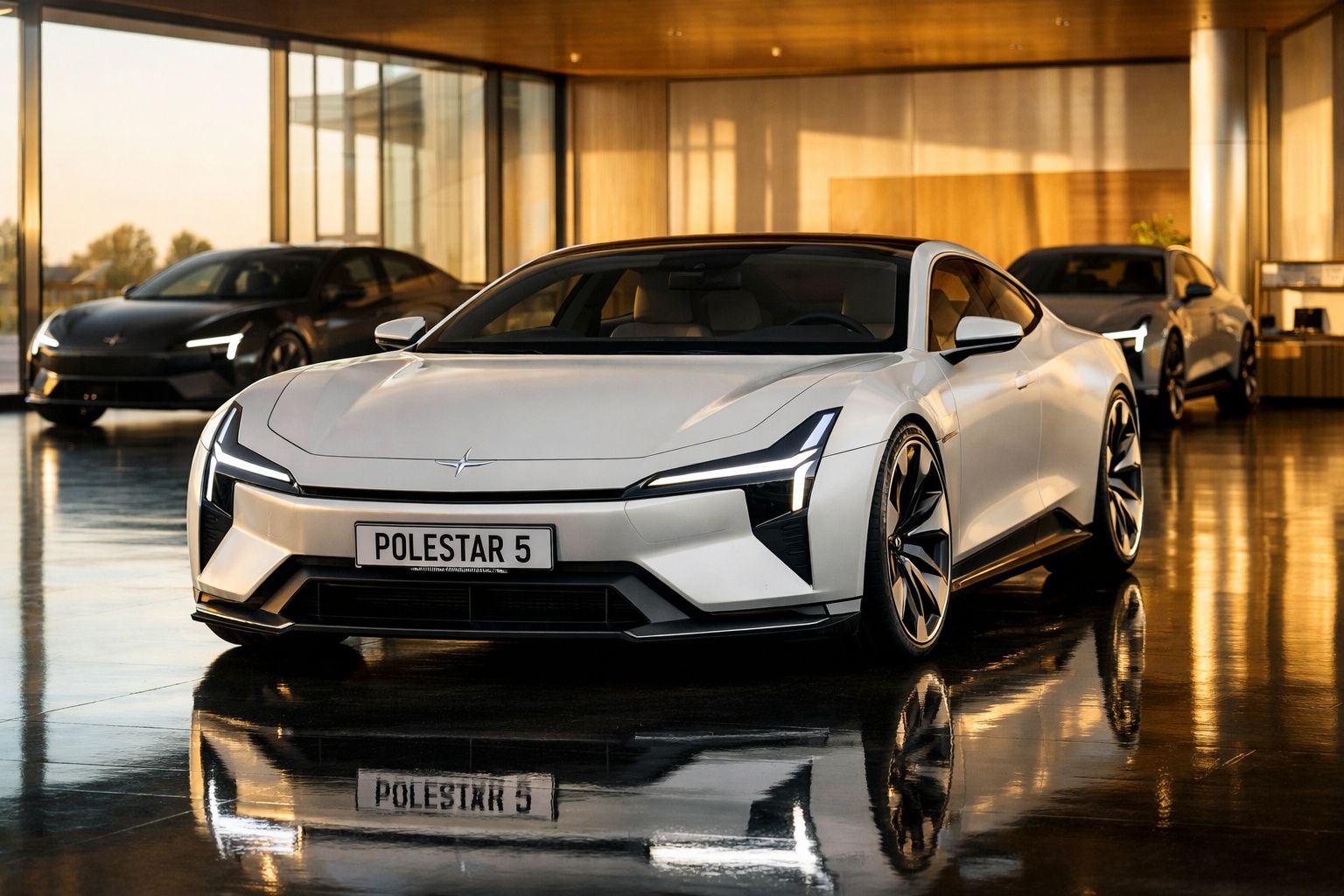 Carro elétrico Polestar 5 branco estacionado em interior moderno com reflexos no chão.