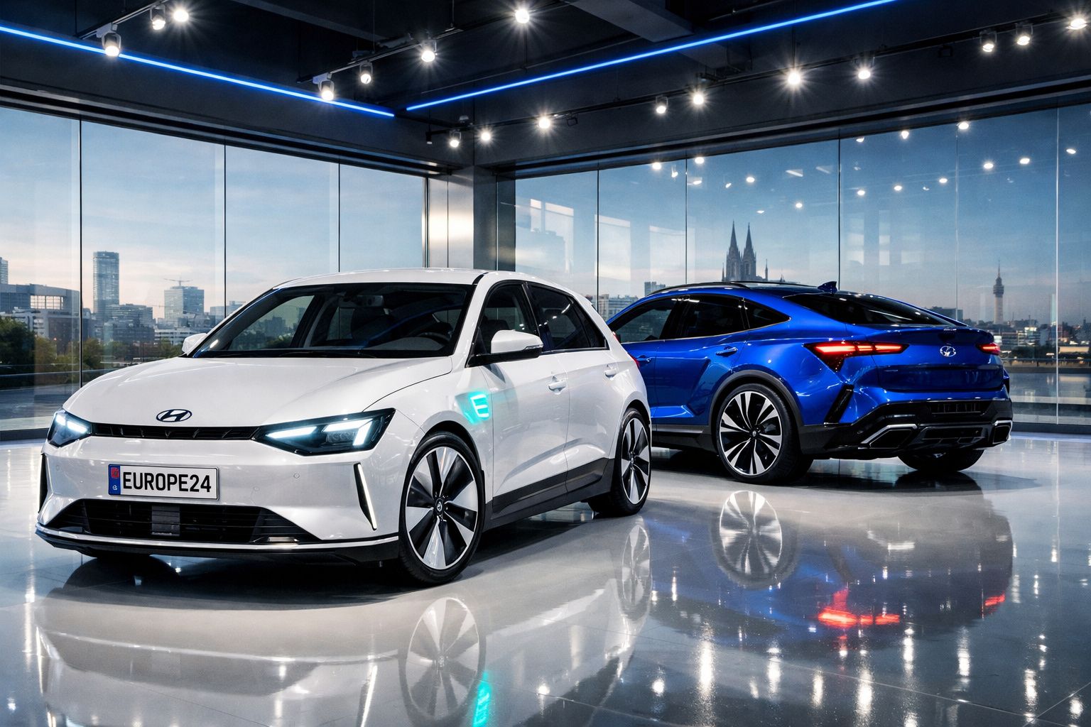 Dois carros eléctricos Hyundai em exposição num salão moderno com paredes de vidro e vista urbana ao fundo.