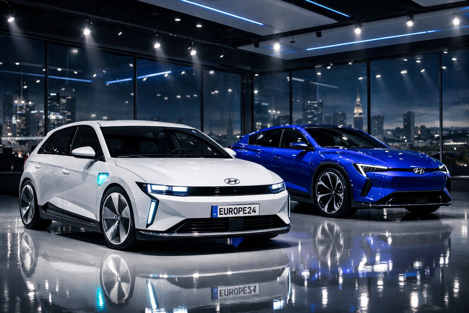 Dois carros elétricos Hyundai, um branco e outro azul, estacionados num showroom com vista para a cidade à noite.