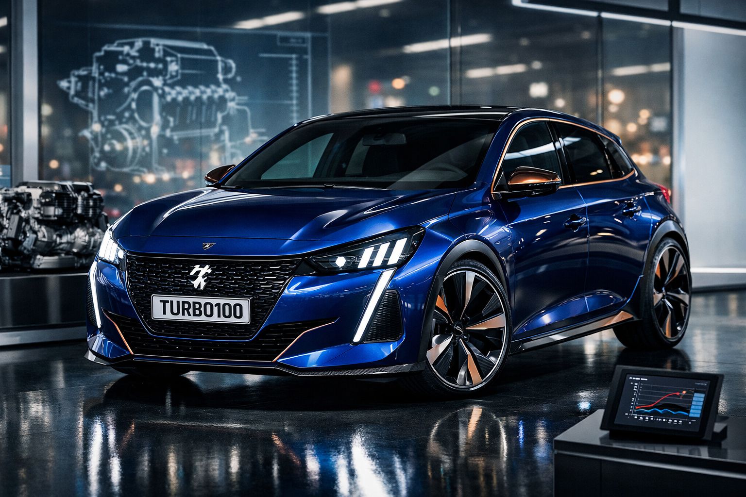 Carro desportivo azul metálico estacionado em ambiente moderno com ecrã e motor em plano de fundo.