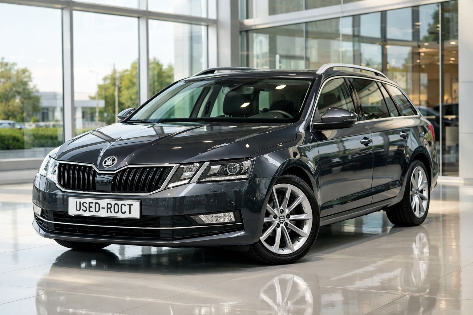 Carro Skoda Octavia cinzento escuro estacionado dentro de um showroom moderno e bem iluminado.