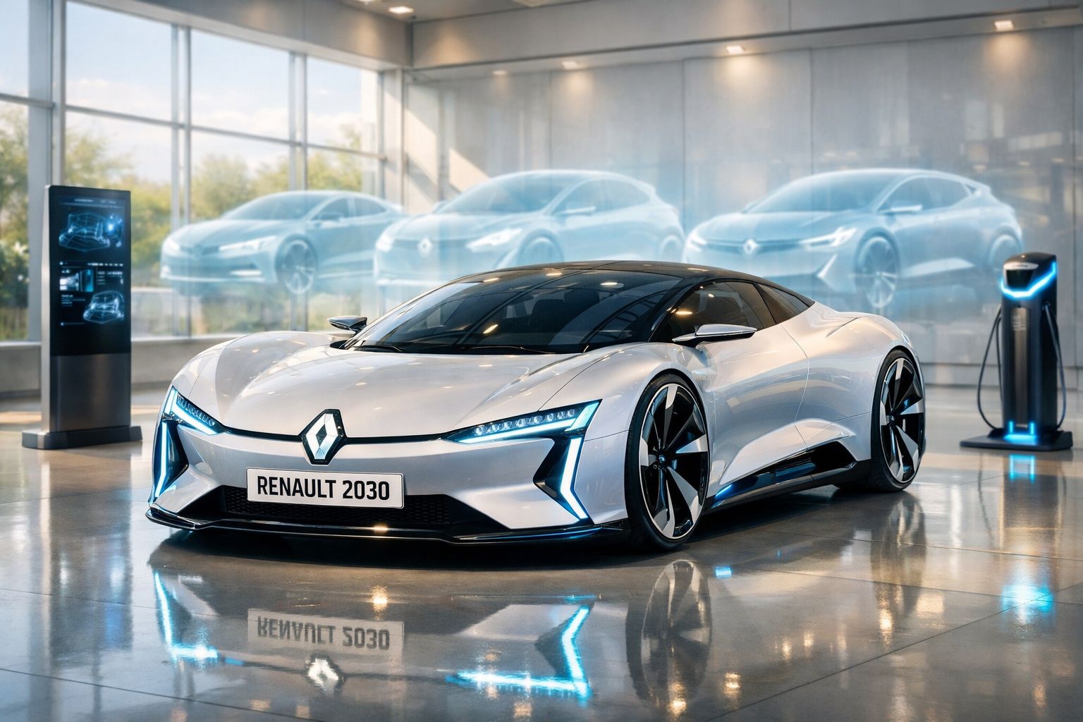 Carro desportivo elétrico futurista branco Renault 2030 num showroom com carga elétrica.