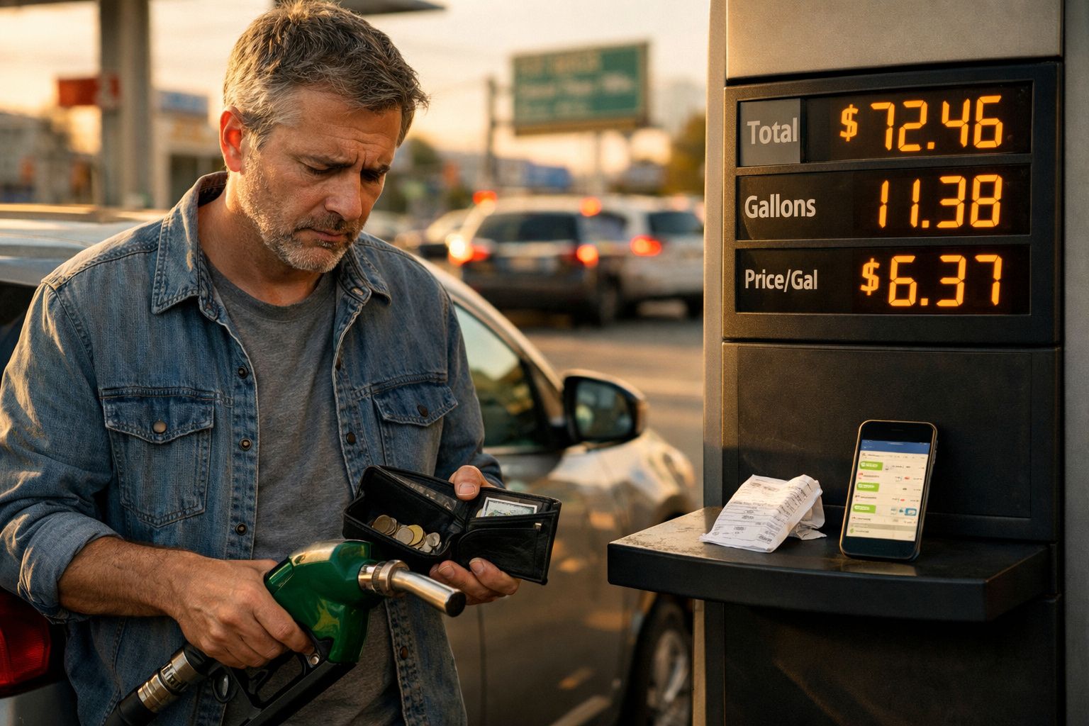 Homem preocupado a pagar gasolina num posto, com sinal de preço elevado e carteira aberta na mão.