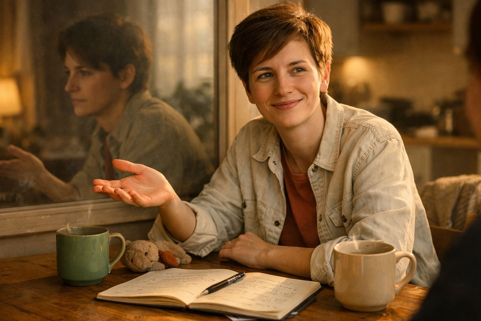 Pessoa sorridente com cabelo curto sentada numa mesa com cadernos, caneca e peluche num ambiente acolhedor.