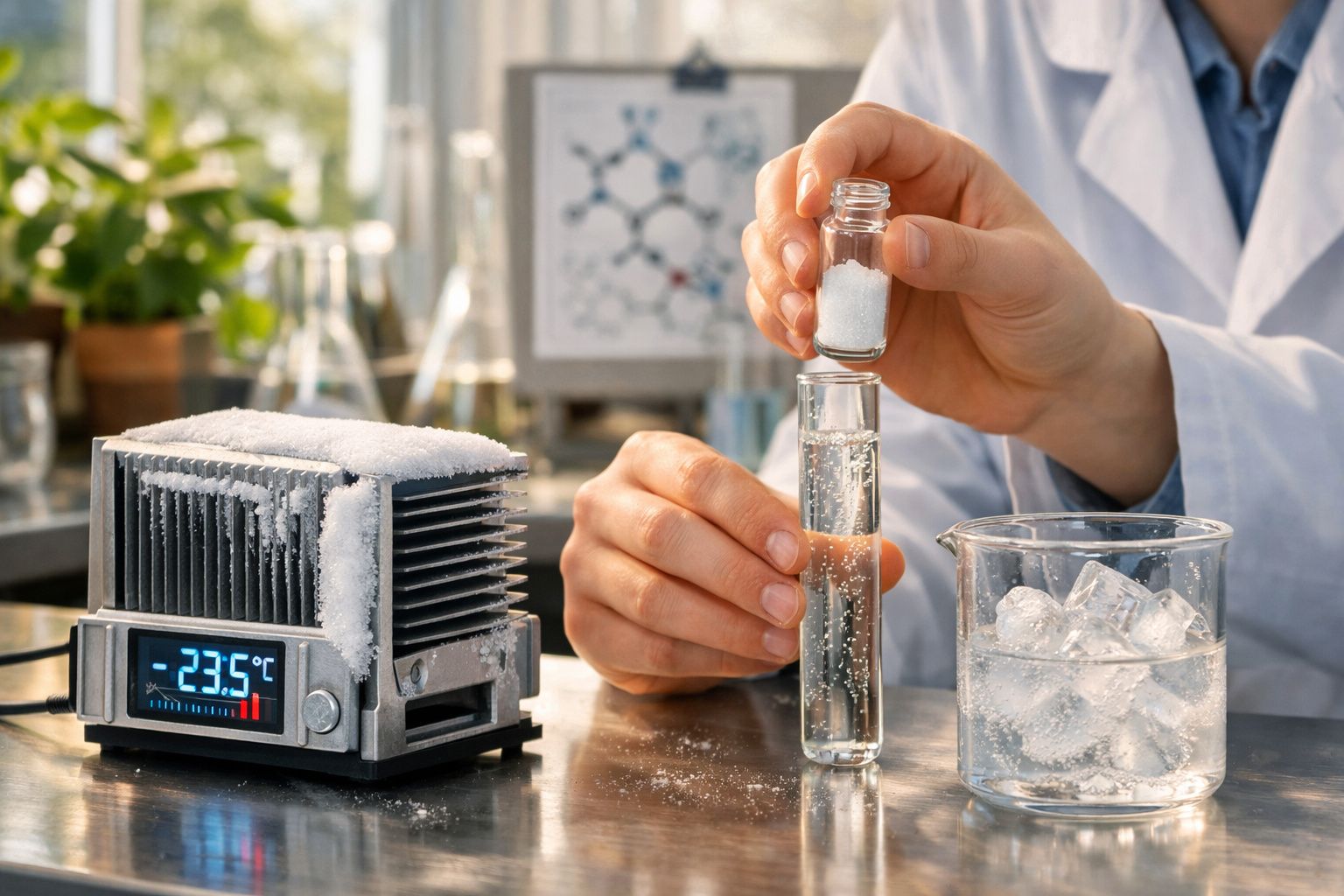 Mãos de cientista a adicionar substância branca em tubo de ensaio com máquina a -23,5°C e copo com gelo.