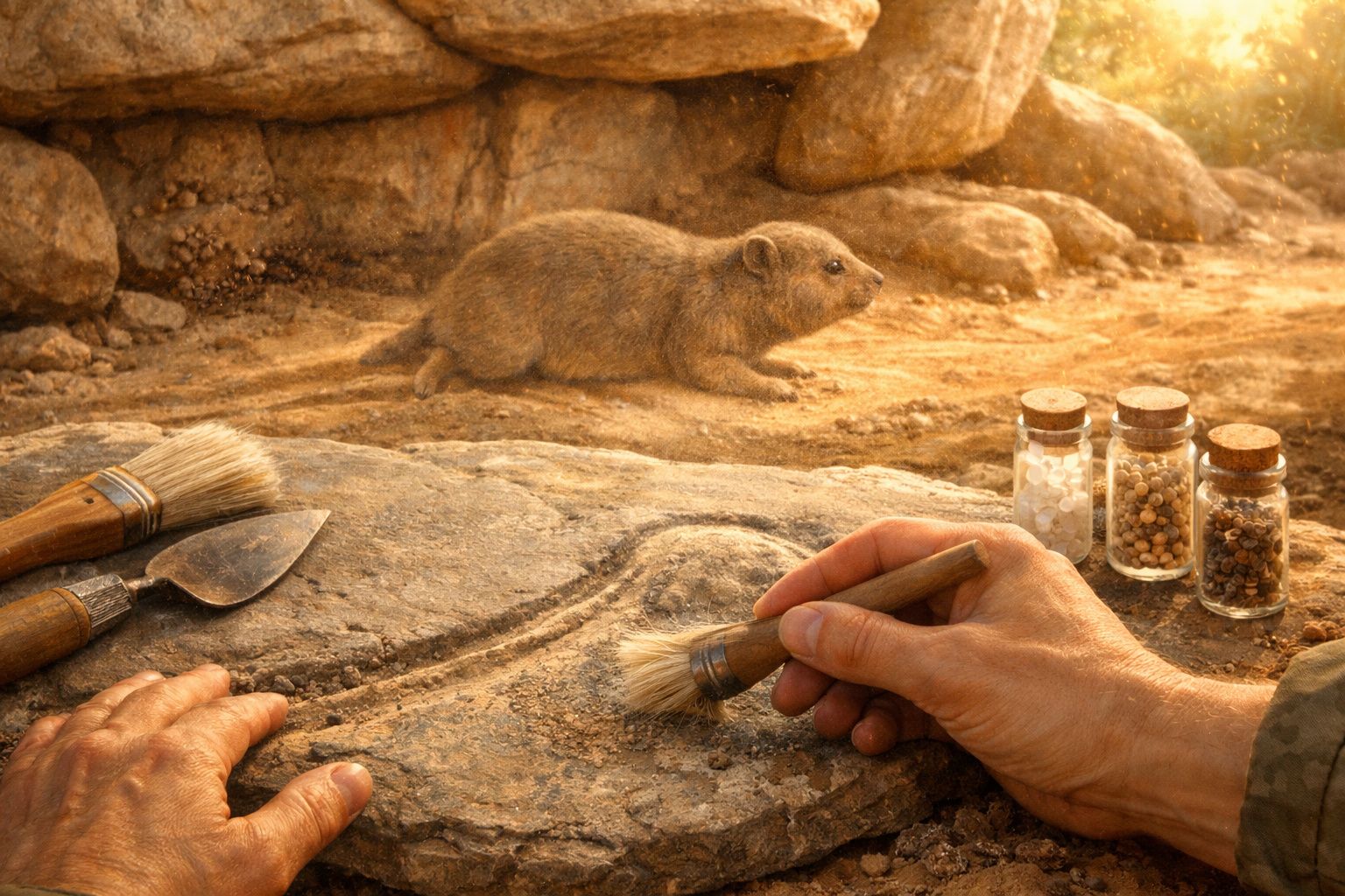 Escavação arqueológica com pincel e ferramenta ao lado de pequeno animal semelhante a uma doninha.