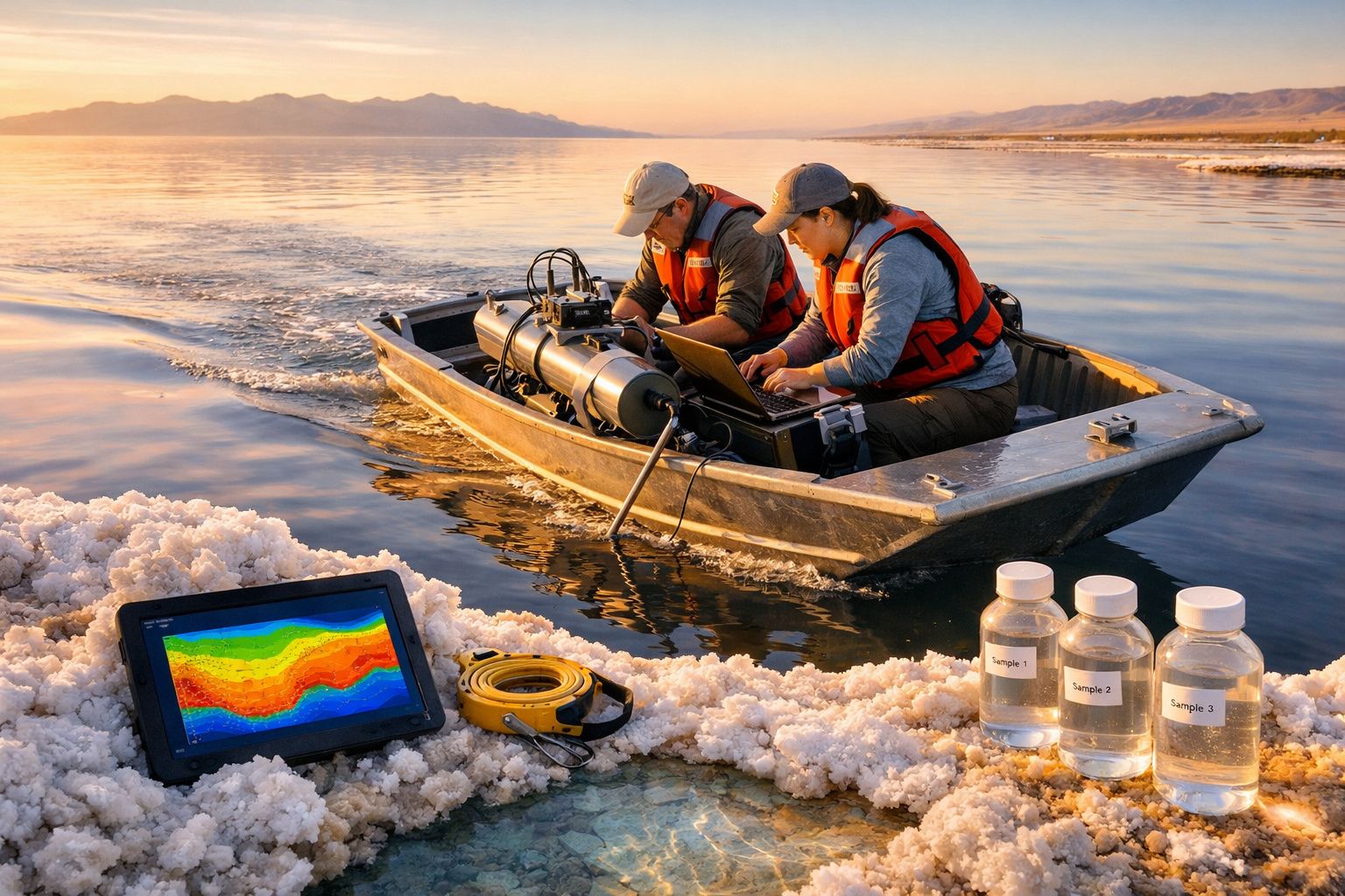 Dois cientistas em coletes salva-vidas num barco a analisar dados com equipamento para estudo da qualidade da água num lago.