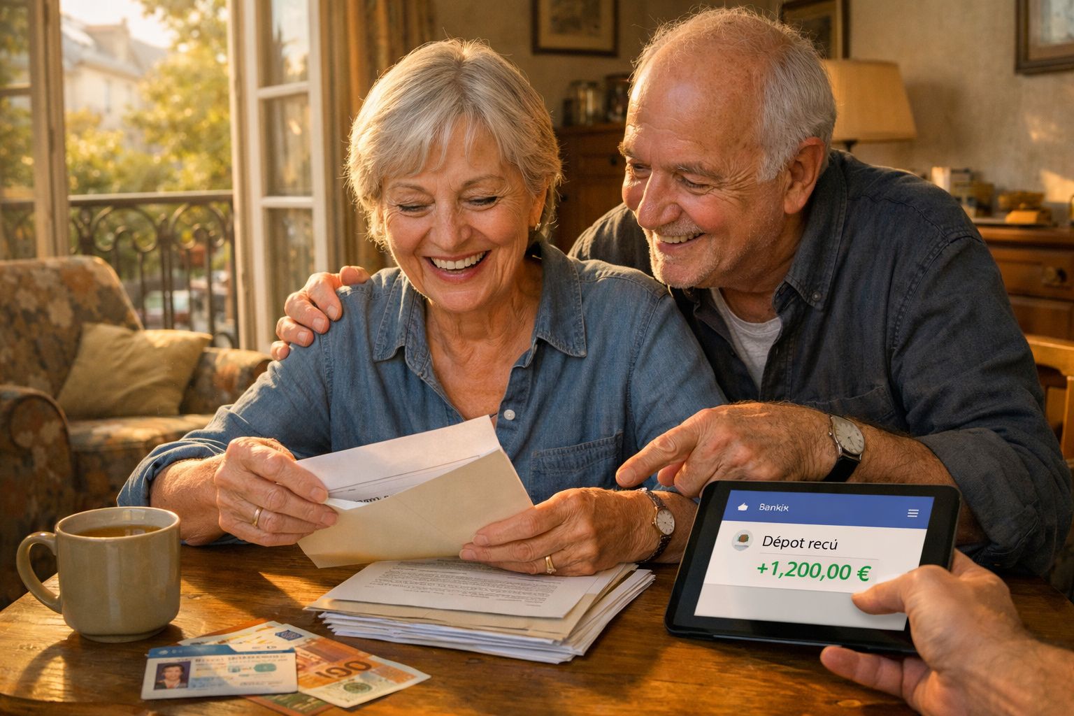 Couple senior feliz a receber notificação de depósito de 1200€ no tablet, sentados à mesa com documentos.