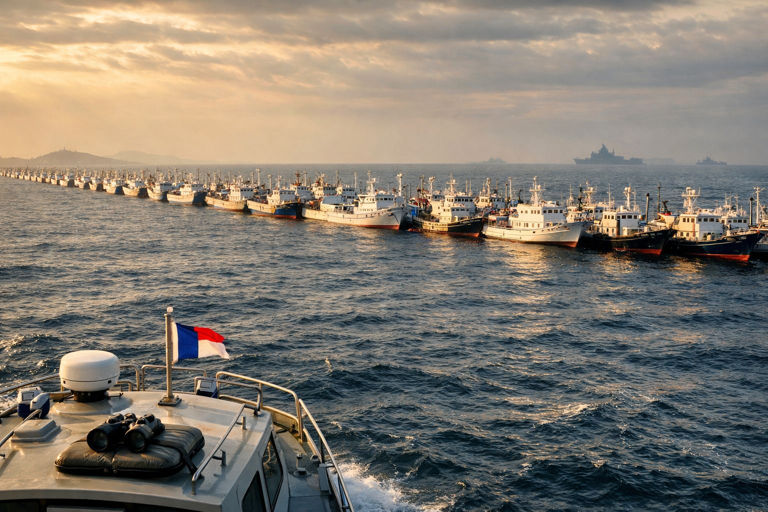 Fila de numerosos barcos de pesca ancorados no mar ao entardecer, vista de barco com bandeira francesa.