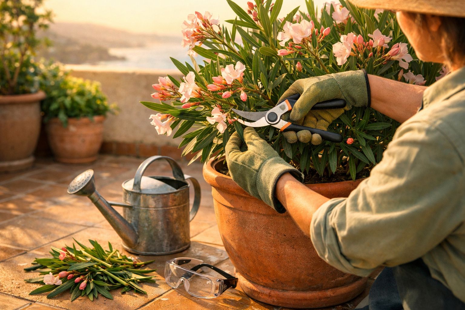 Pessoa a podar flores cor-de-rosa num vaso grande com luvas verdes num terraço ensolarado.