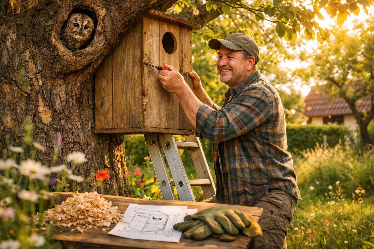 Homem monta caixa-ninho de madeira numa árvore, enquanto coruja observa do tronco oco.