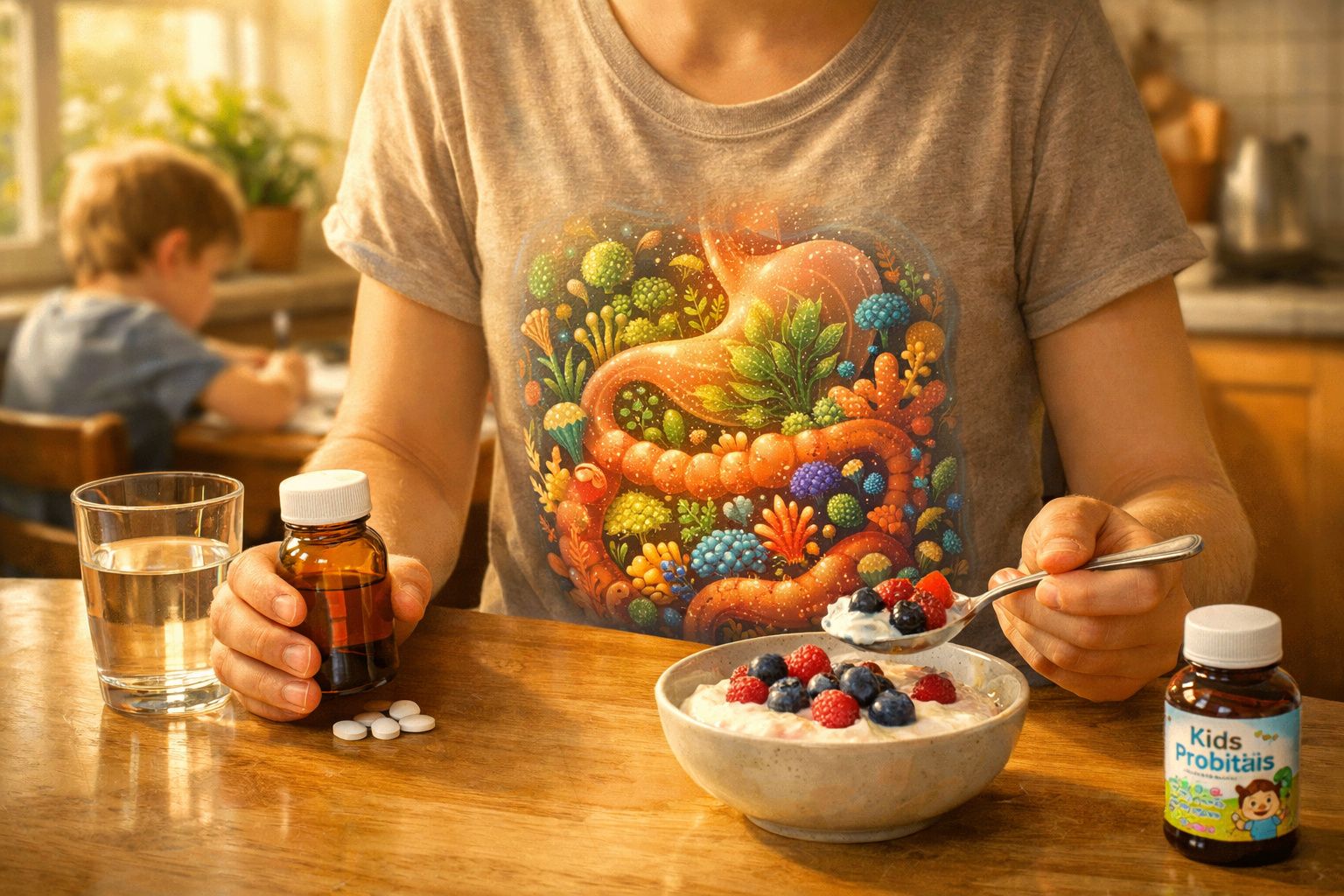 Pessoa com t-shirt ilustrando sistema digestivo segura frasco de comprimidos ao lado de taça com iogurte e frutos vermelhos.