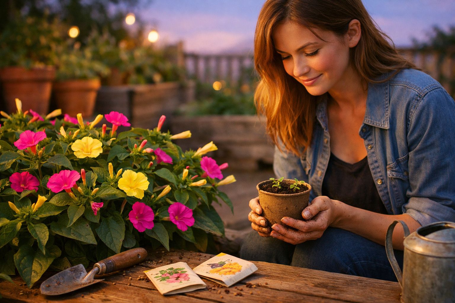 Mulher sorridente a cuidar de planta jovem num vaso, rodeada por flores coloridas num jardim ao entardecer.
