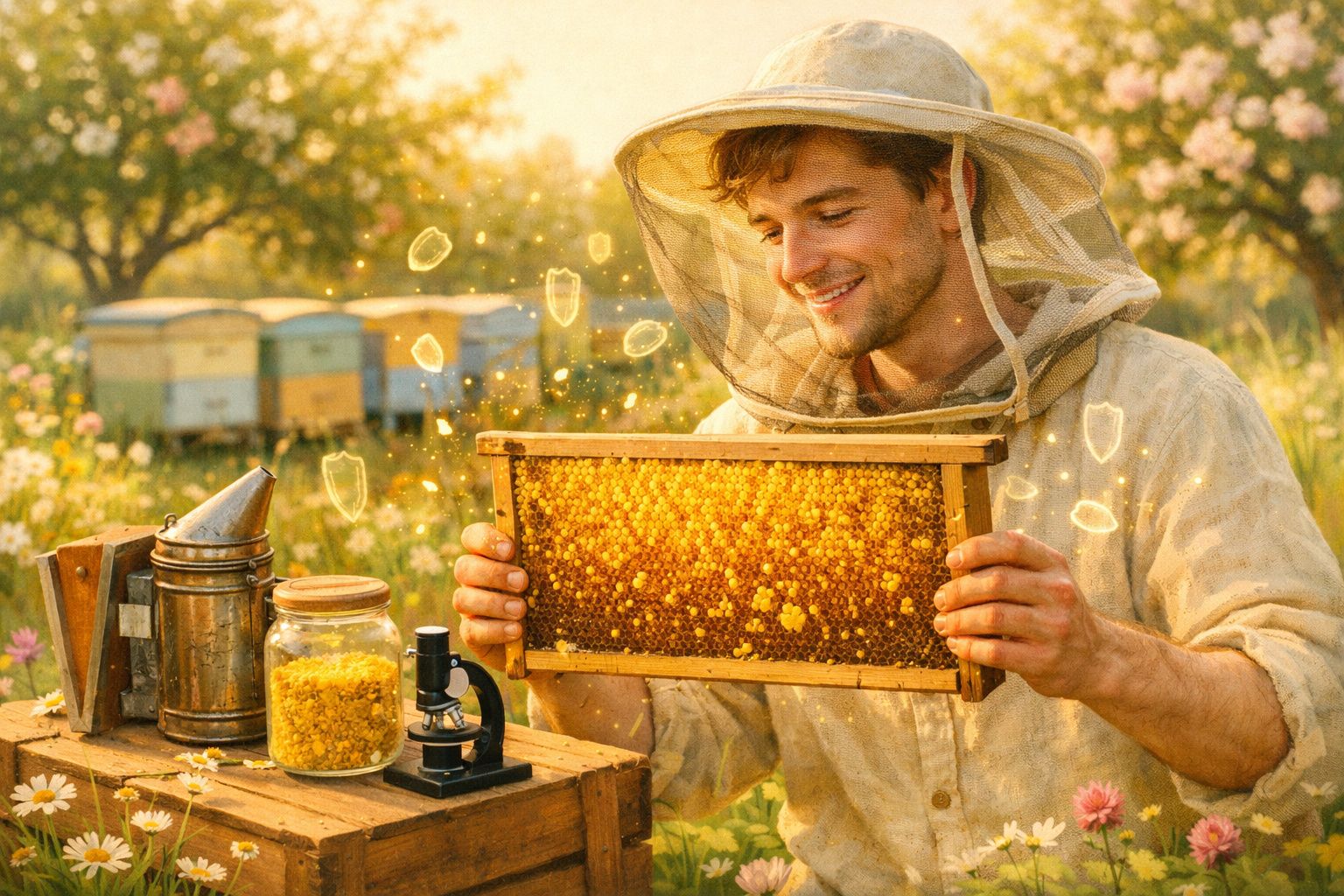 Apicultor sorridente com fato protetor segura quadro de mel num campo florido ao amanhecer.