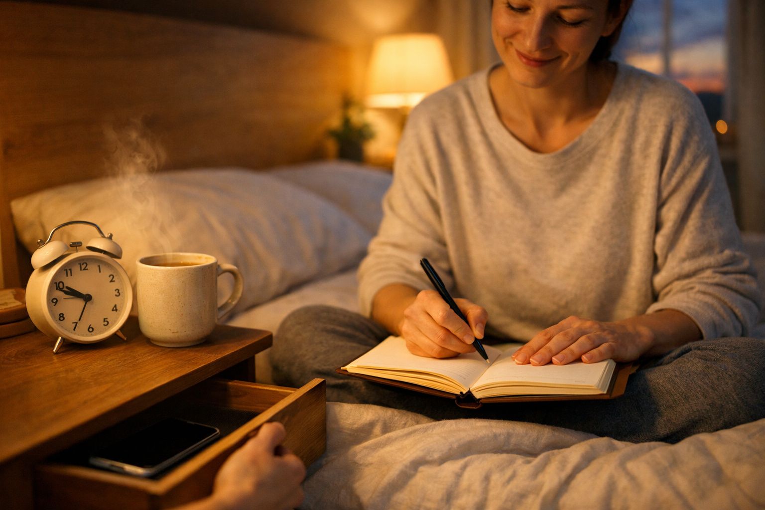 Mulher sentada na cama escreve num caderno, ao lado relógio despertador e chá quente numa mesa de cabeceira.