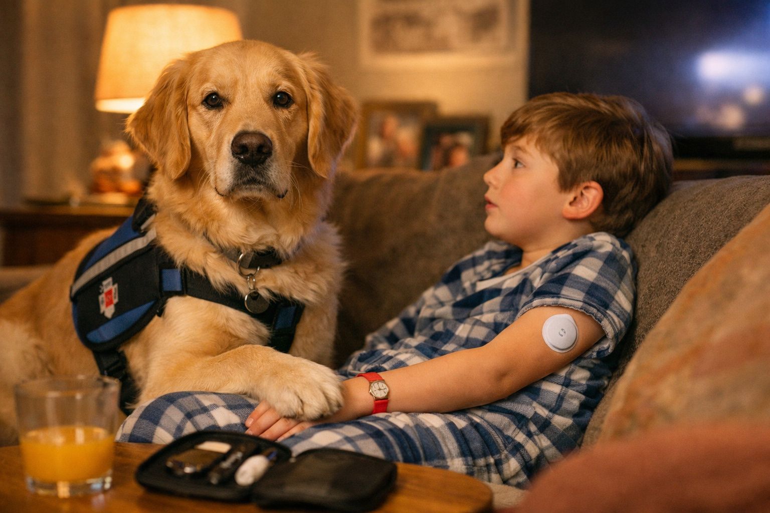 Cão de serviço com colete apoia rapaz com sensor médico sentado num sofá acolhedor.