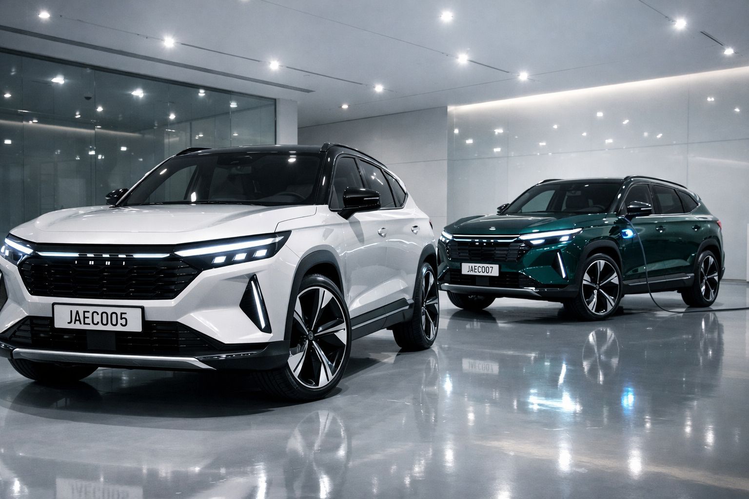 Dois SUV modernos, um branco à frente e um verde atrás, em sala espelhada e iluminação LED.