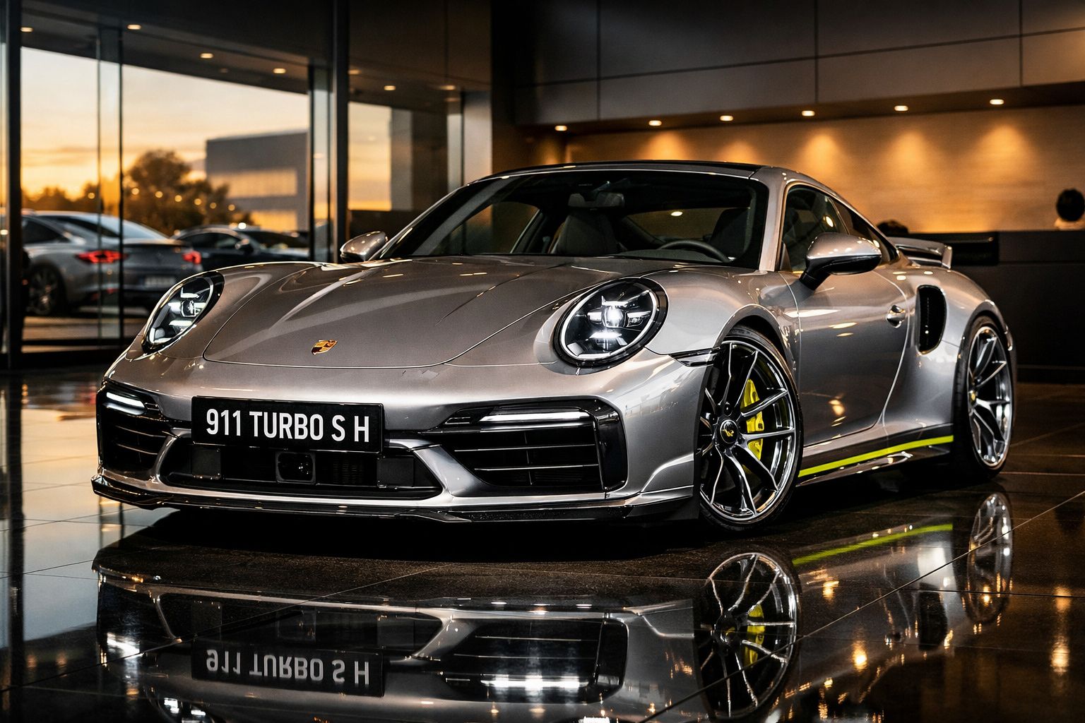 Carro desportivo Porsche 911 Turbo S prateado estacionado em interior moderno com reflexos no chão.