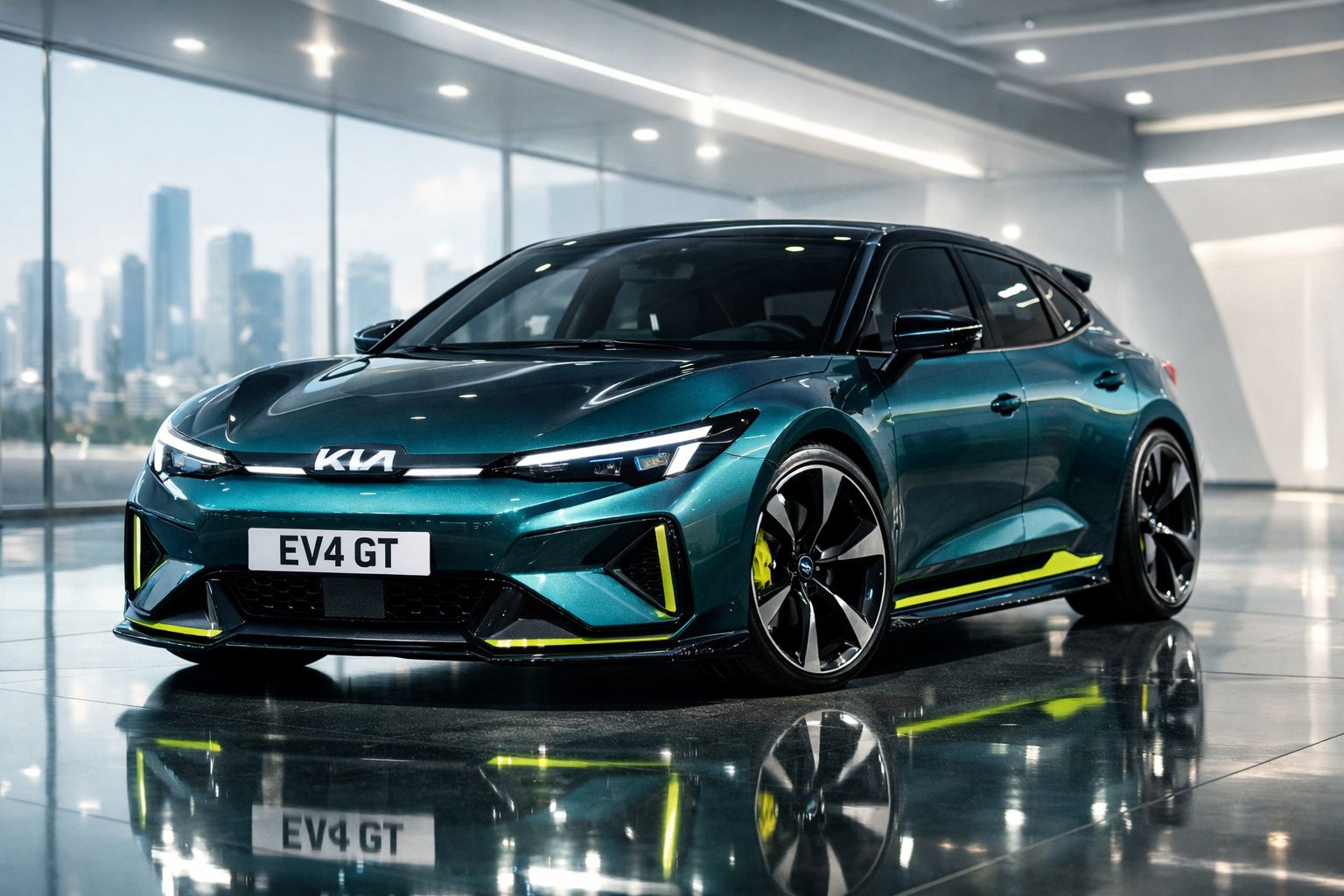 Carro elétrico Kia EV4 GT verde com detalhes amarelos estacionado em interior moderno com janelas panorâmicas.