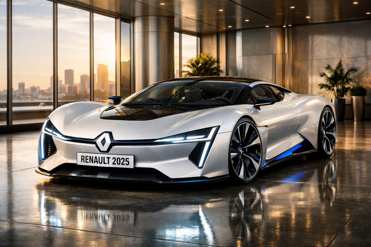 Carro desportivo Renault 2025 branco com luzes LED azuis, num salão moderno com janelas grandes e vista urbana ao pôr do sol.