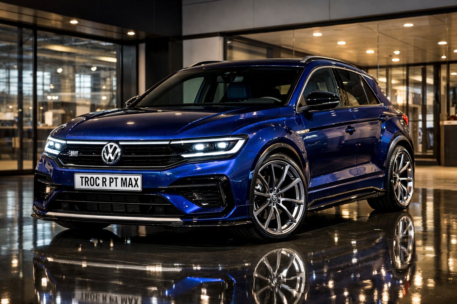 Carro Volkswagen T-Roc R azul estacionado em ambiente fechado com luzes acesas.