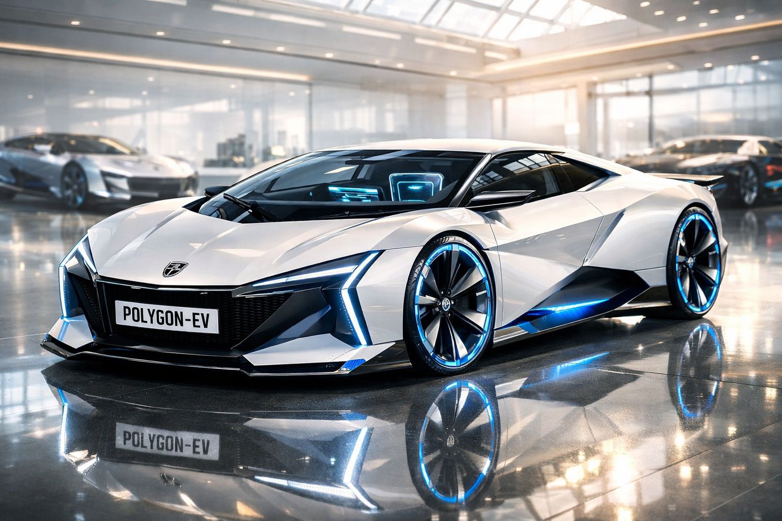 Carro desportivo elétrico futurista branco com luzes azuis e design aerodinâmico numa garagem iluminada.