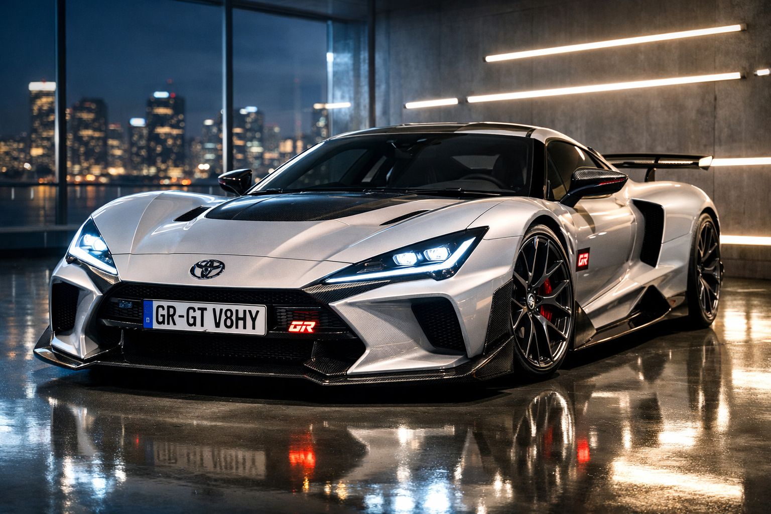 Automóvel desportivo Toyota GR GT V8 prateado estacionado em garagem moderna com reflexos no chão molhado.