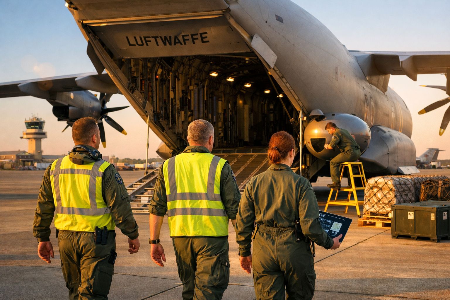Militares da Luftwaffe junto a avião de transporte com carga e inspeção na pista ao pôr do sol.
