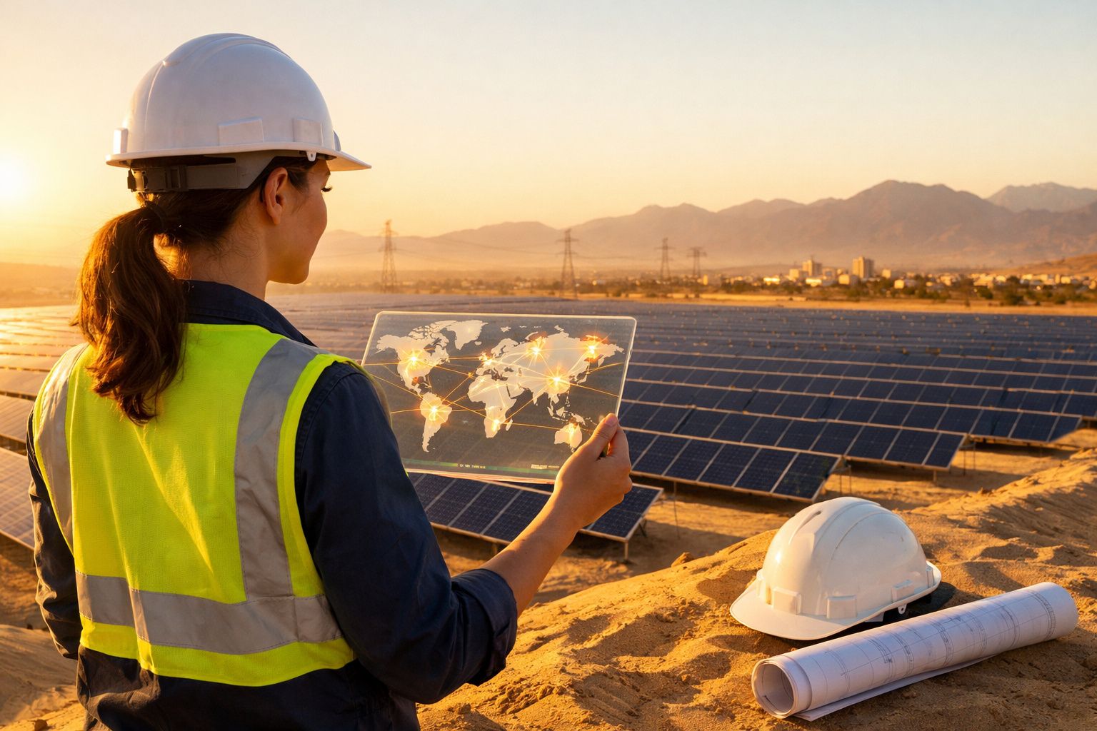 Engenheira com capacete e colete a observar painel solar, segurando mapa digital, ao pôr do sol.