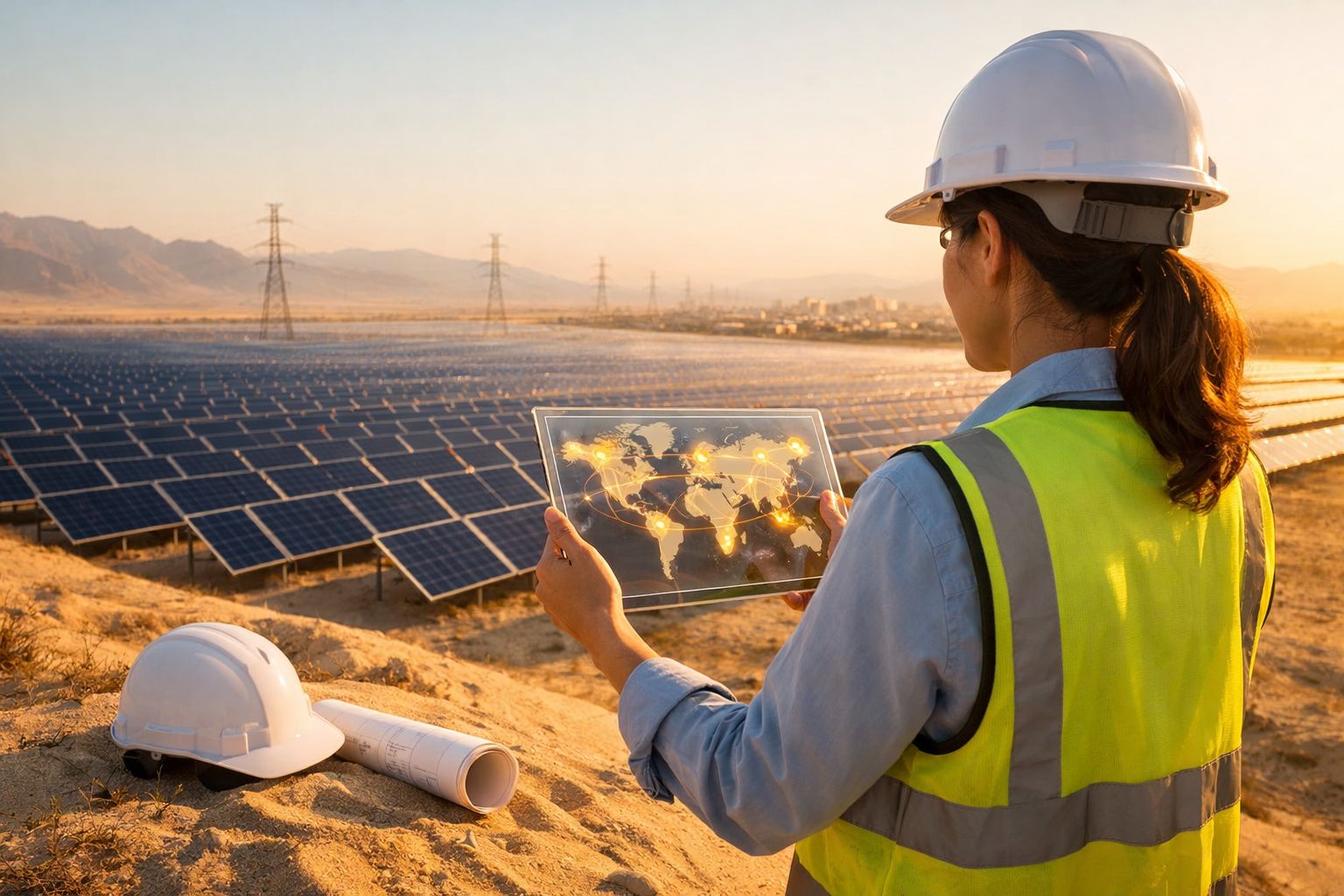Engenheira de energia solar observa painel digital com mapa mundial numa central fotovoltaica ao pôr do sol.