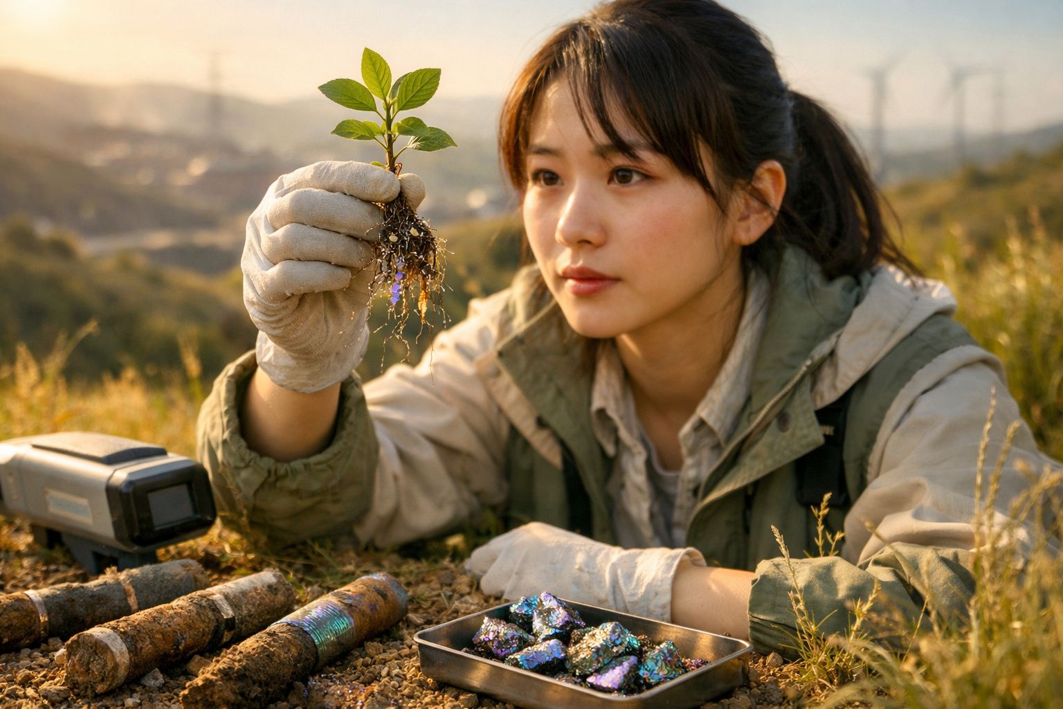 Mulher com luvas segura planta com raízes ao ar livre, rodeada de minerais e equipamentos.