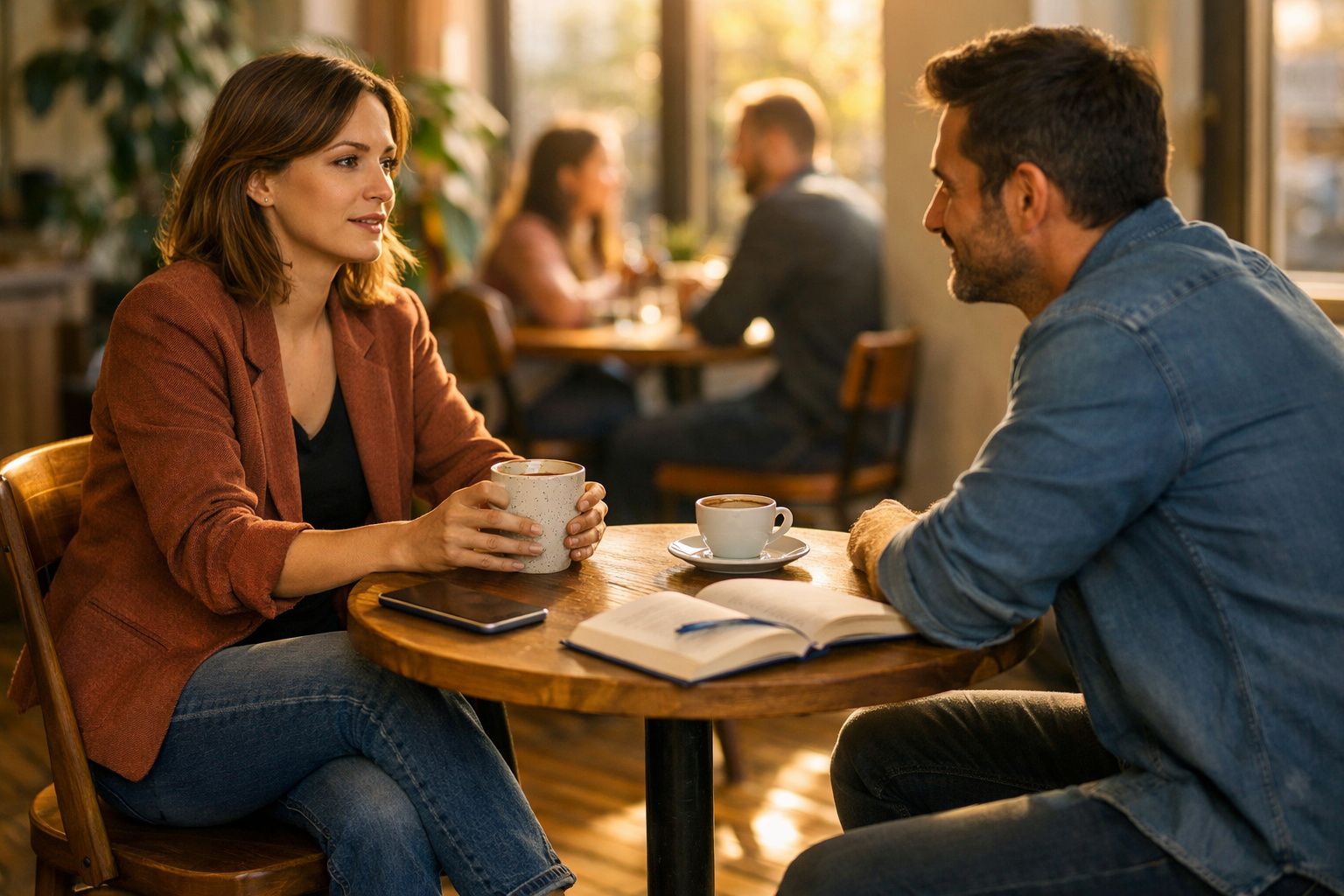Duas pessoas conversam numa mesa de café com livros, canecas e telemóvel, ambiente acolhedor e iluminado.