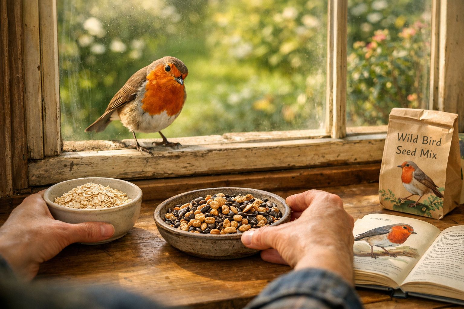 Pássaro com peito vermelho pousado numa janela, com mãos a oferecer sementes e livro aberto com imagem do pássaro.