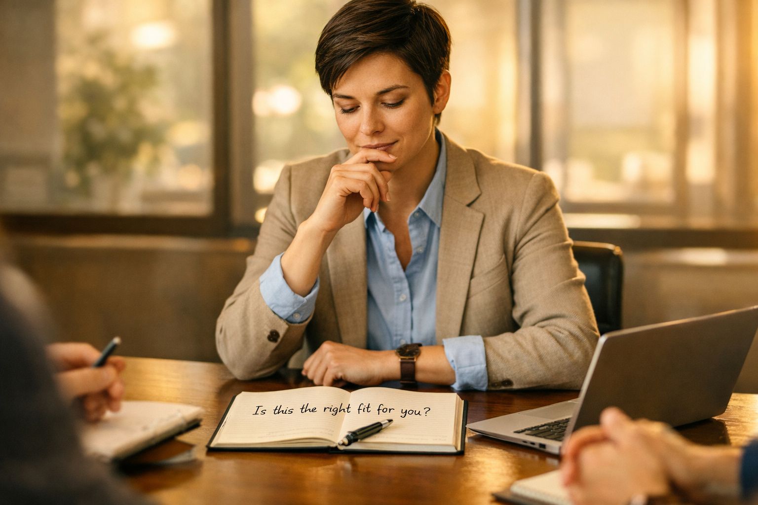 Mulher em reunião de trabalho, a olhar pensativa para um caderno com a frase "Is this the right fit for you?"