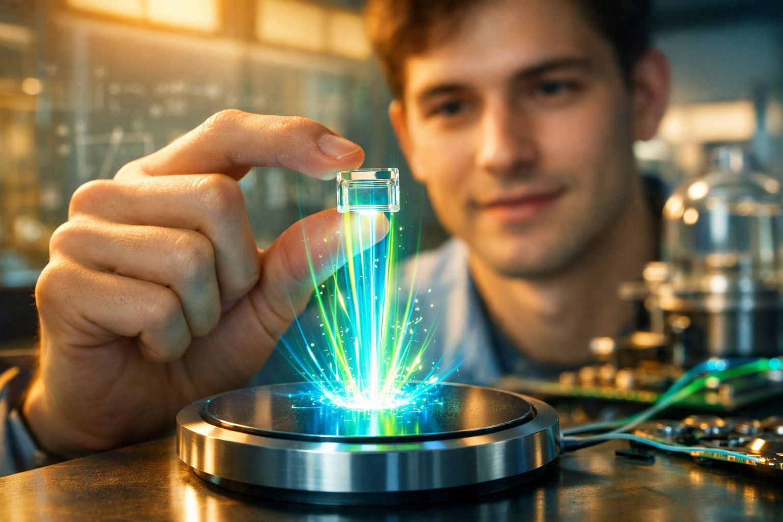 Homem a segurar prisma cristalino com luzes azuis e verdes num dispositivo tecnológico avançado.