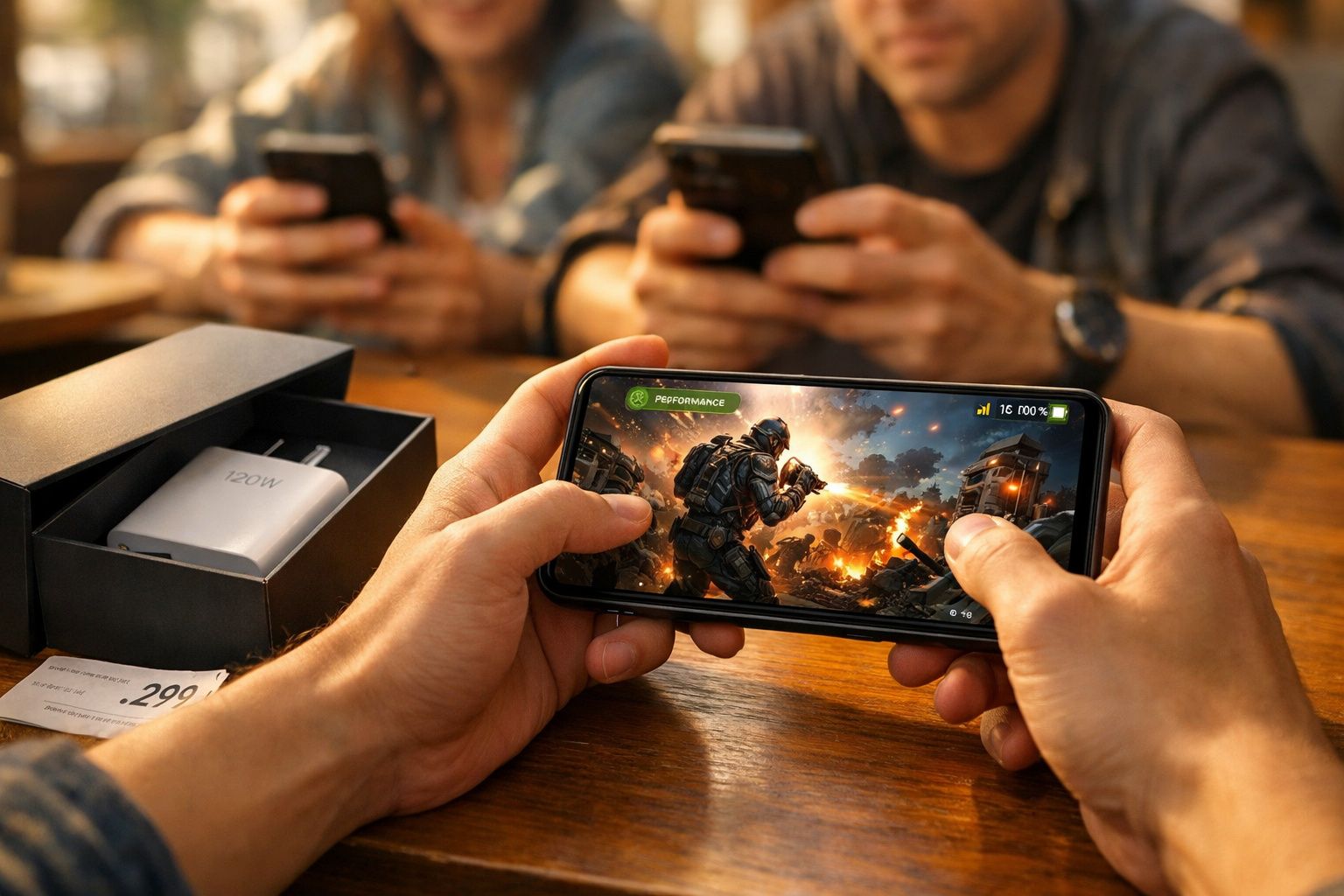 Pessoa a jogar jogo de ação num smartphone, com carregador e caixa ao lado numa mesa de madeira.