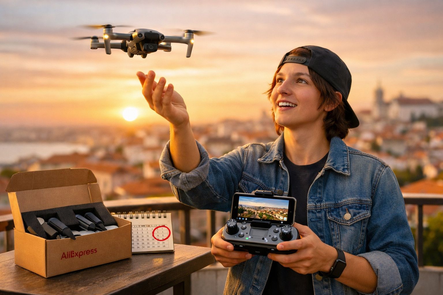 Jovem com boné a controlar drone com comando remoto numa varanda ao pôr do sol.