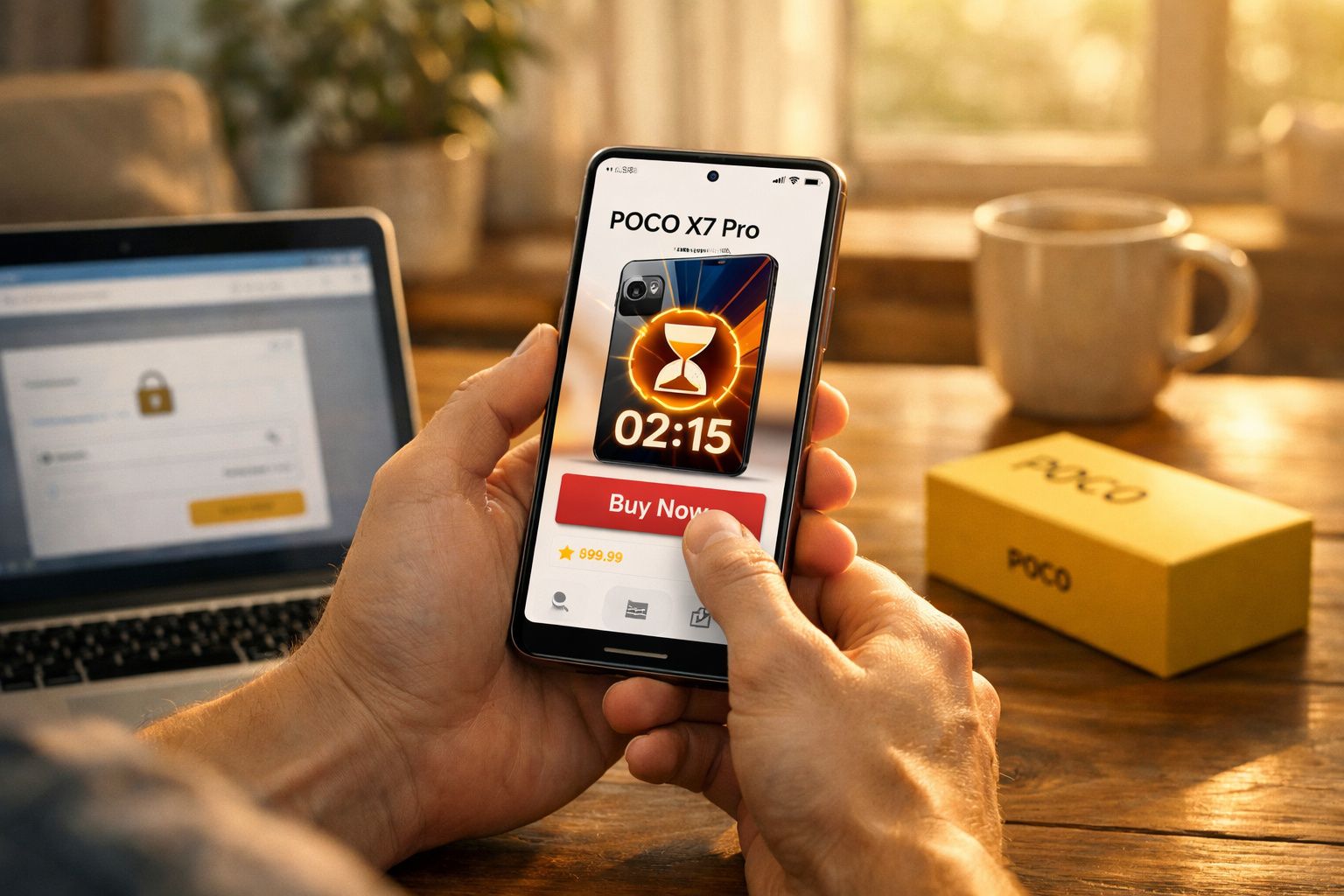 Pessoa segura smartphone com promoção do POCO X7 Pro na tela, computador e caixa amarelo sobre mesa de madeira.