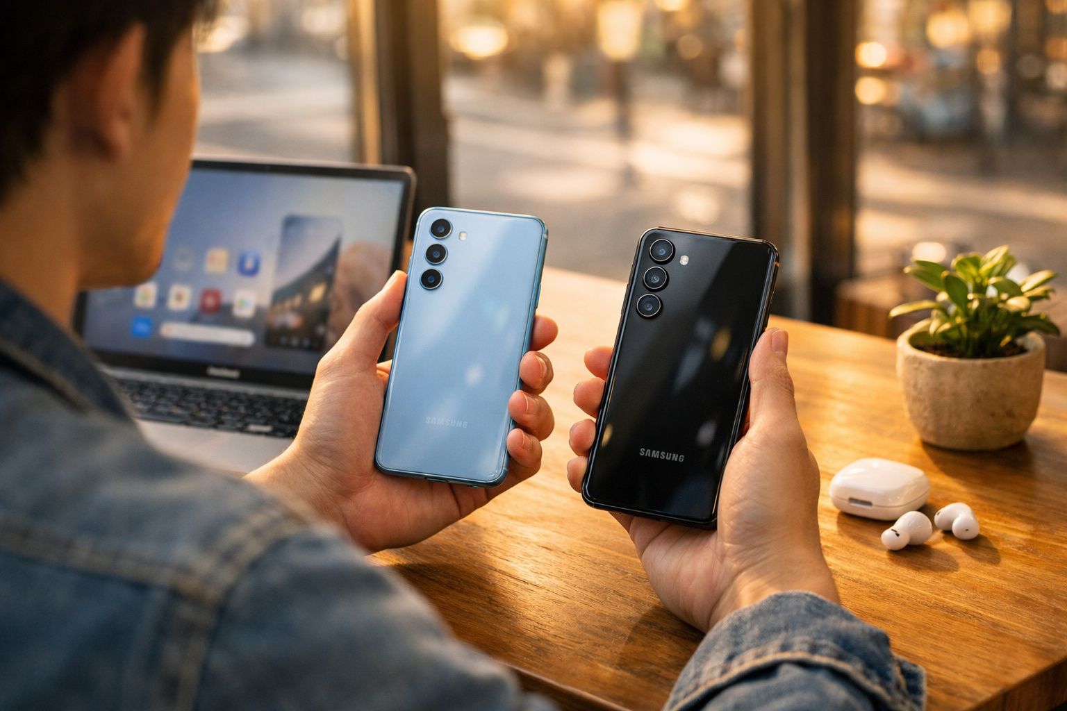 Pessoa a segurar dois smartphones Samsung, um azul e outro preto, com portátil e earbuds numa mesa de madeira.