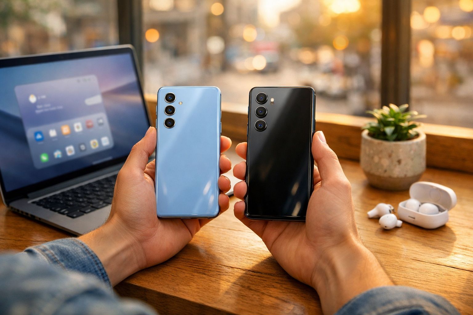 Pessoa segura dois smartphones de cores diferente em frente a portátil e auscultadores sobre mesa de madeira.