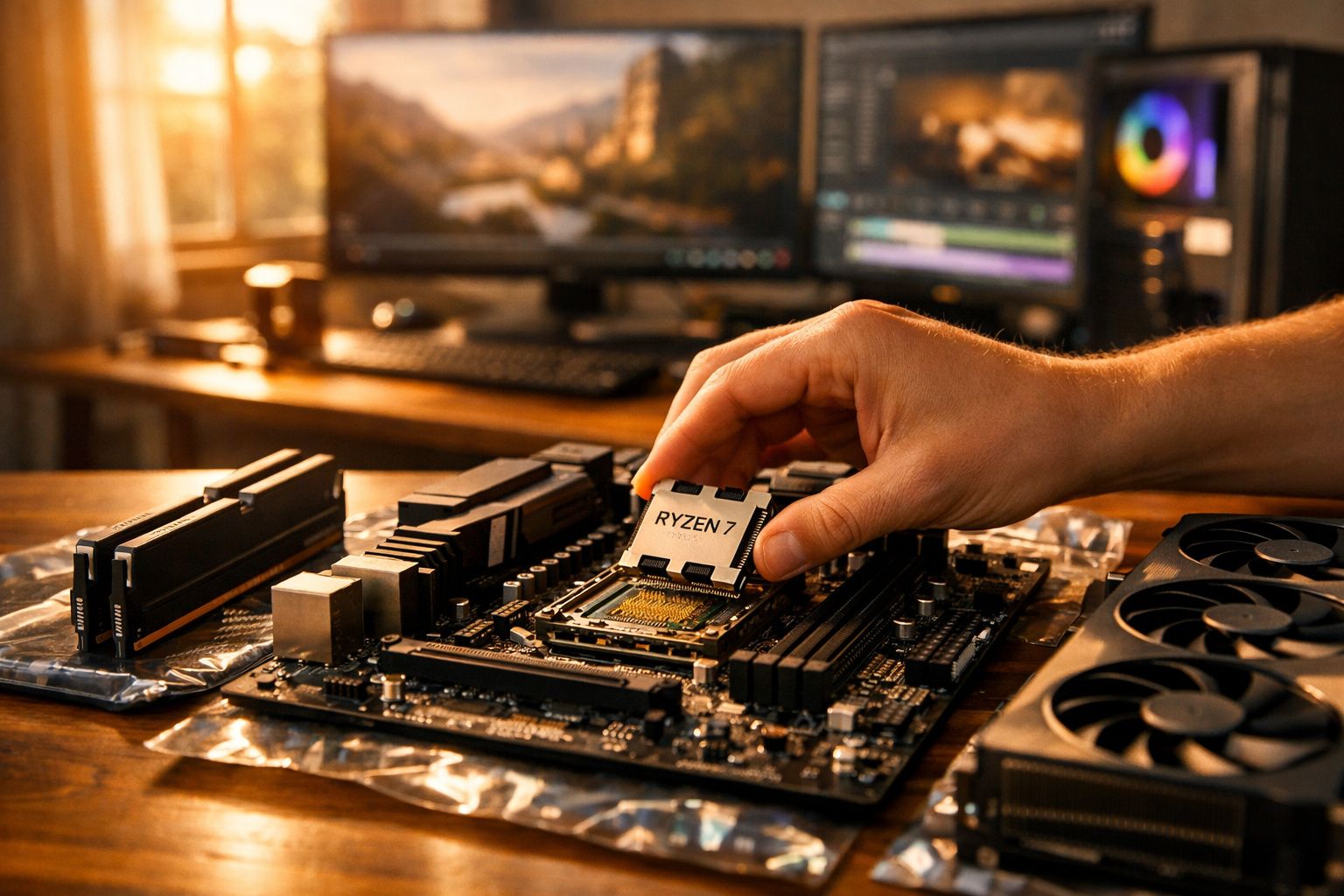 Mão a instalar processador Ryzen 7 numa motherboard, com componentes de computador numa mesa.