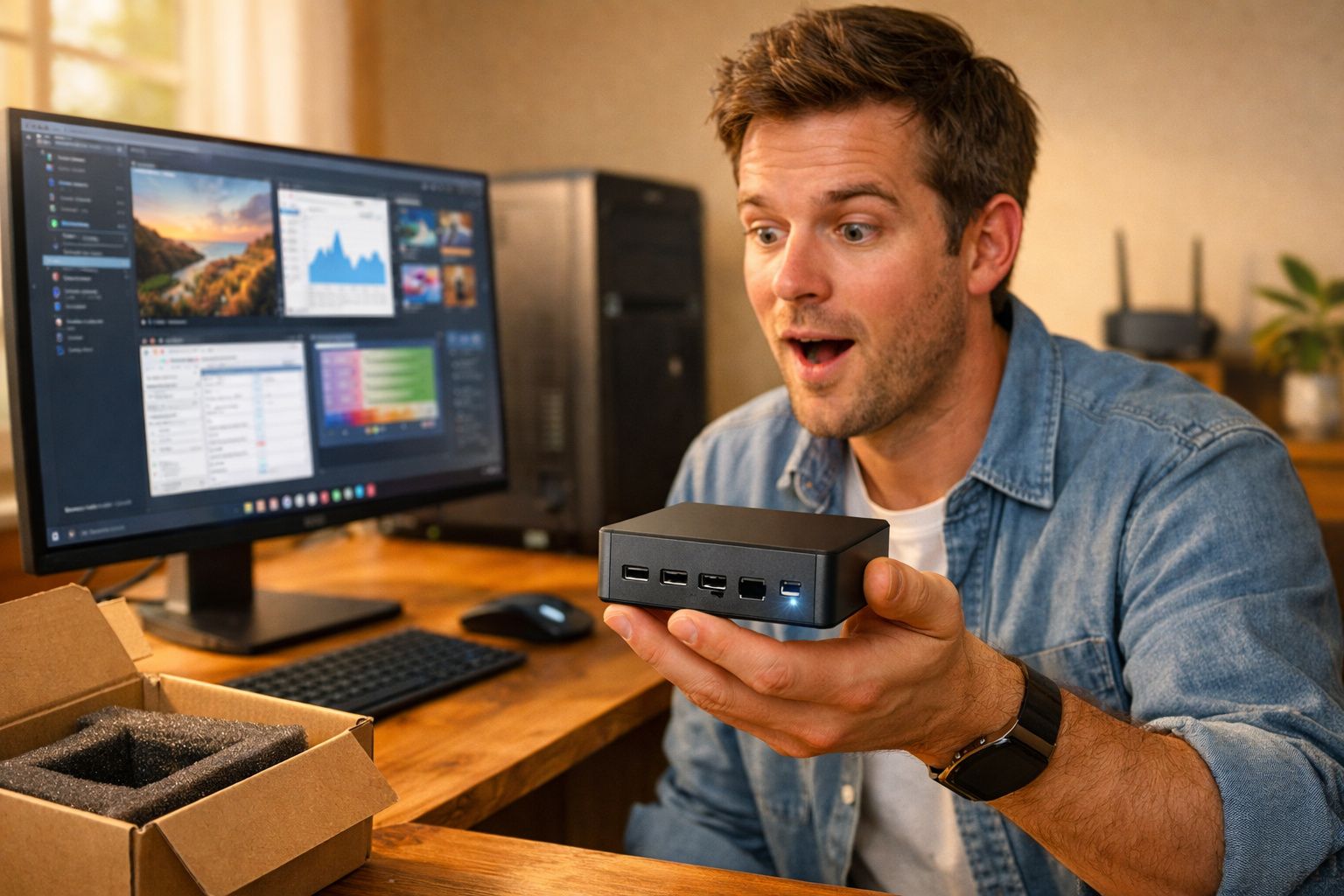 Homem surpreendido segura mini PC preto junto a computador e caixa aberta numa mesa de madeira.