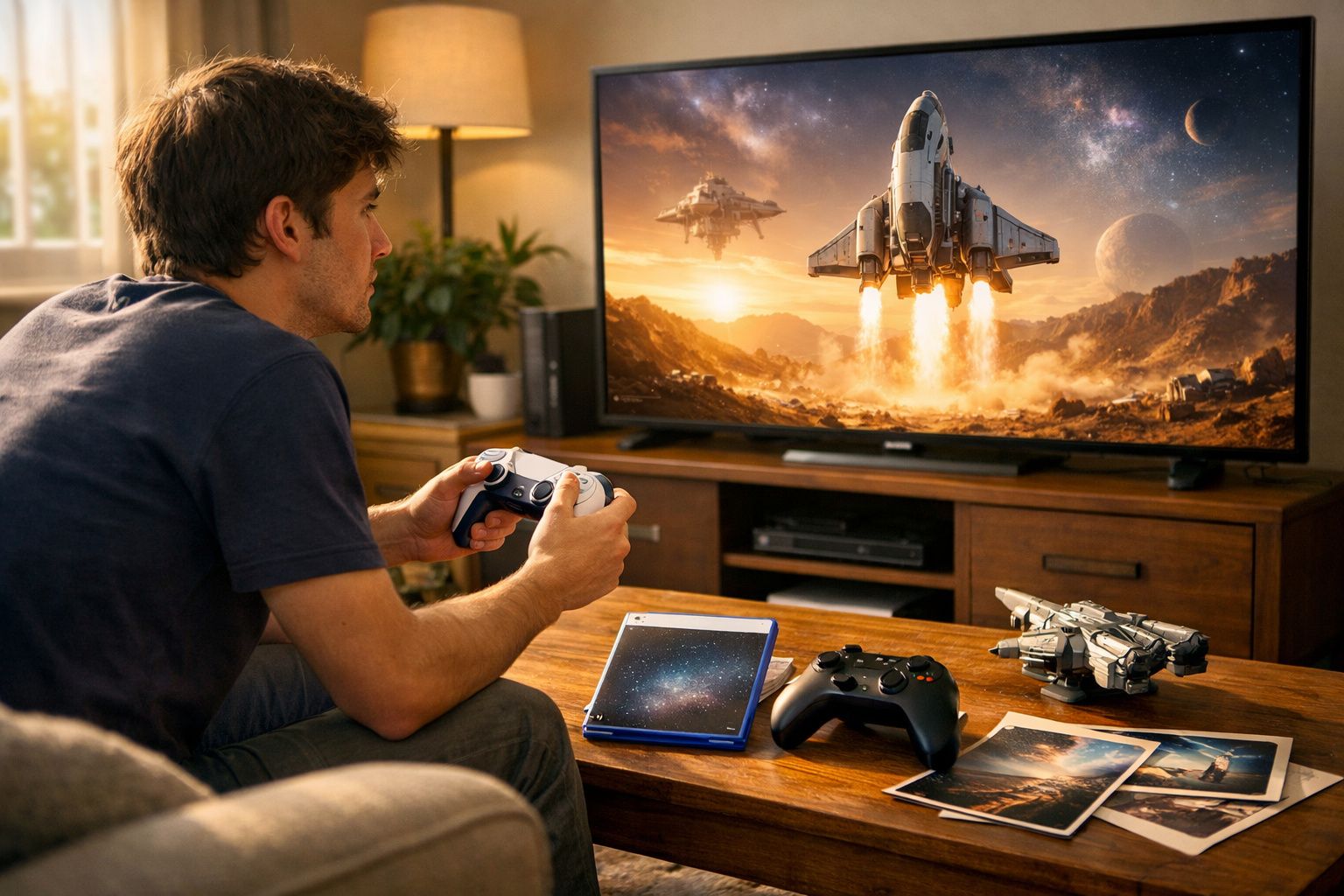 Homem a jogar videojogo de nave espacial em televisão numa sala iluminada e acolhedora.