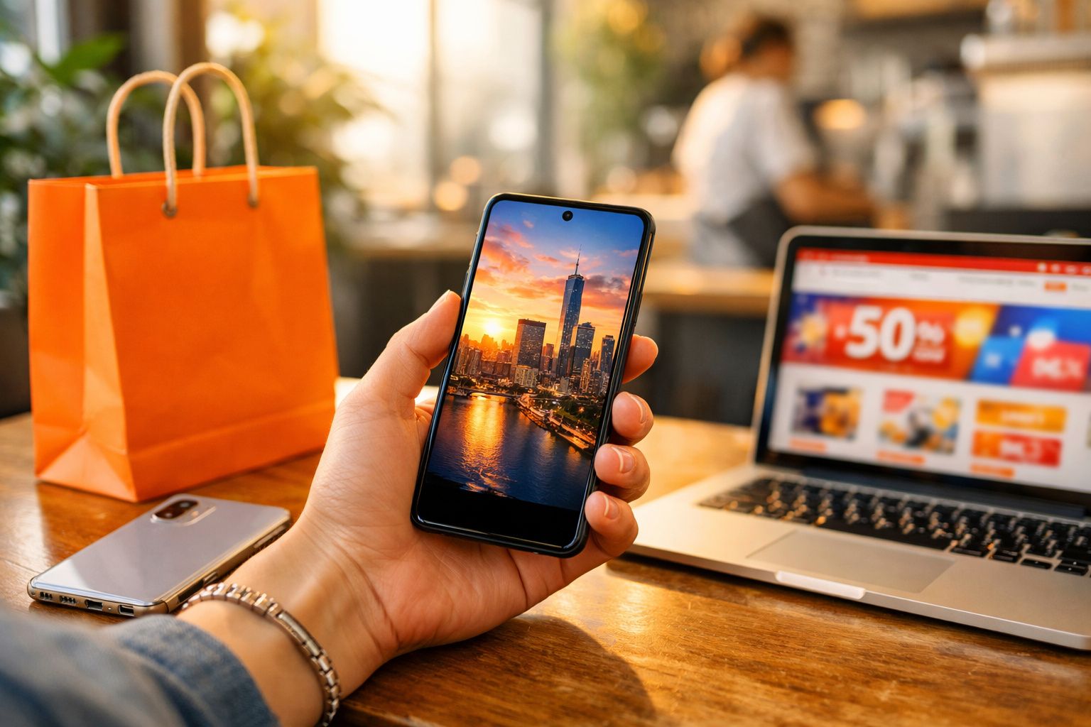 Pessoa a segurar smartphone com imagem de cidade ao pôr do sol, computador portátil e saco de compras na mesa.