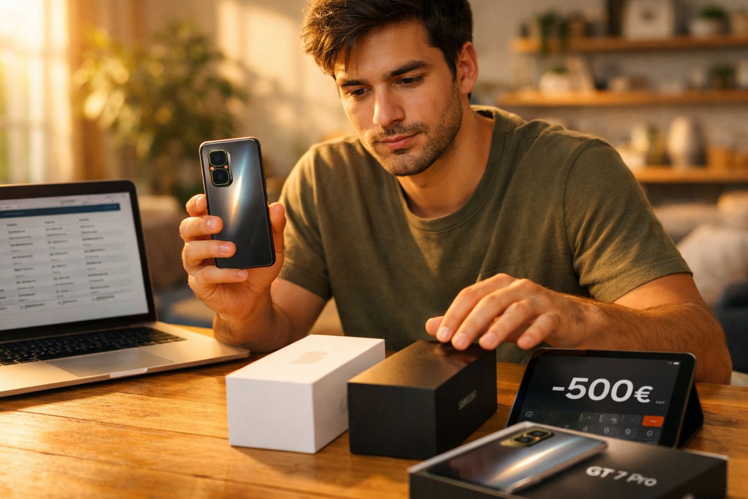 Homem sentado a comparar telemóveis e calcular diferença de preço num tablet com desconto de 500 euros.