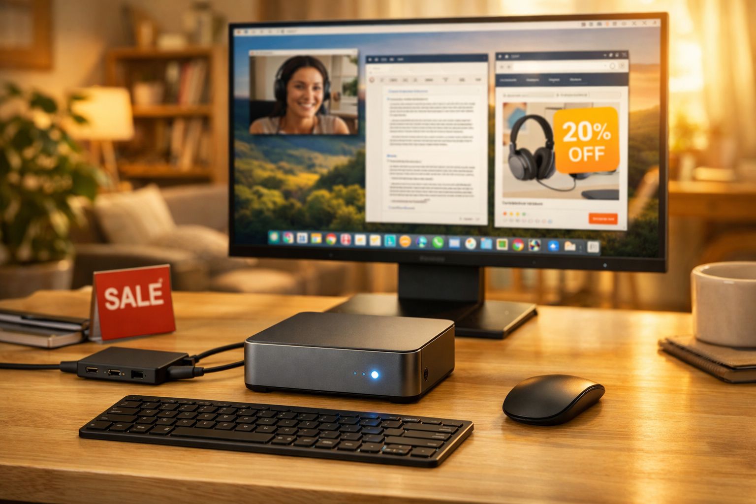 Mesa de escritório com computador, teclado, rato, mini PC e promoção de auscultadores com 20% de desconto.