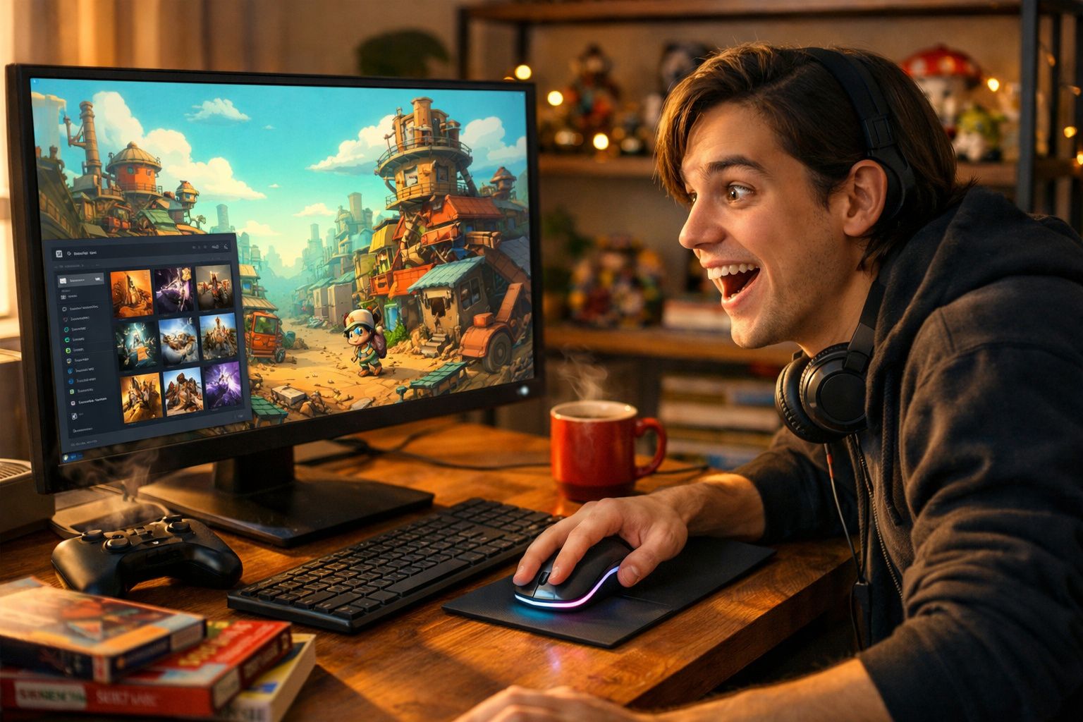 Jovem entusiasmado a jogar videojogo num ambiente acolhedor com monitor, comando e bebida quente à mesa.